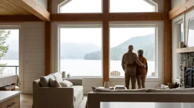 Couple enjoying lake view from modern wooden lodge