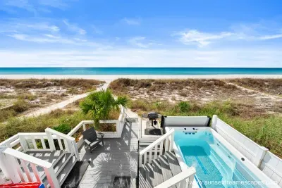 Surfside Retreat is located right on the beach. While shopping and grocery stores are located conveniently nearby, this end of the beach is more quiet for guests looking for a Surfside Retreat
