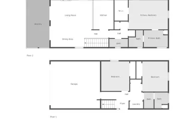 Upper and lower level floor plans. The upper level is the main living area with living, dining, kitchen, powder room, and primary King Suite. The lower level has the Queen and Bunk Bed room along with another full bathroom and laundry area.