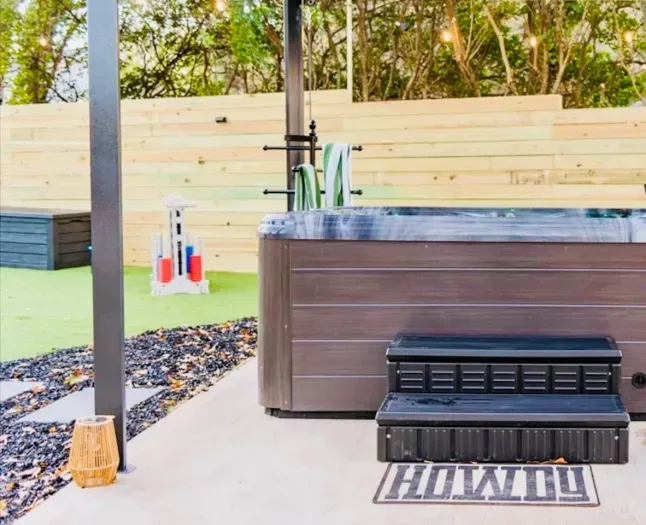 Your spa oasis awaits... Whether covered or open, the louvered pergola lets you be under the stars.