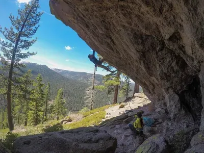 One person rock climbing at Big Chief on an over hanging granite rock route