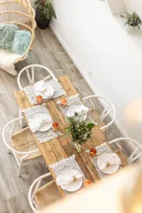 View from our loft area looking down towards our dining table-we have seating for six plus a high chair!