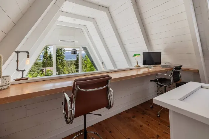 If you have to work from vacation, you can do so with the BEST views! Upstairs on the second level just near the primary bedroom, our extra large custom desk faces the forest and lake. Our monitor will be available for your use!