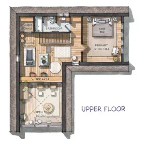 The upper floor of Stuga '66 is complete with the primary bedroom, second bathroom, Peloton treadmill, and an epic lofted work from home area that overlooks the living room below.