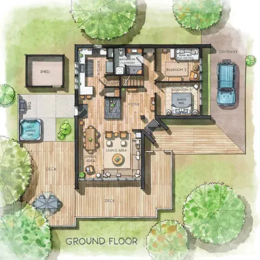 Check out the ground floor of our home! Huge bright living room, the kitchen, the dining room, one bathroom complete with stacked washer & dryer and two bedrooms are on the entrance level. The salt water spa is just steps from the kitchen.