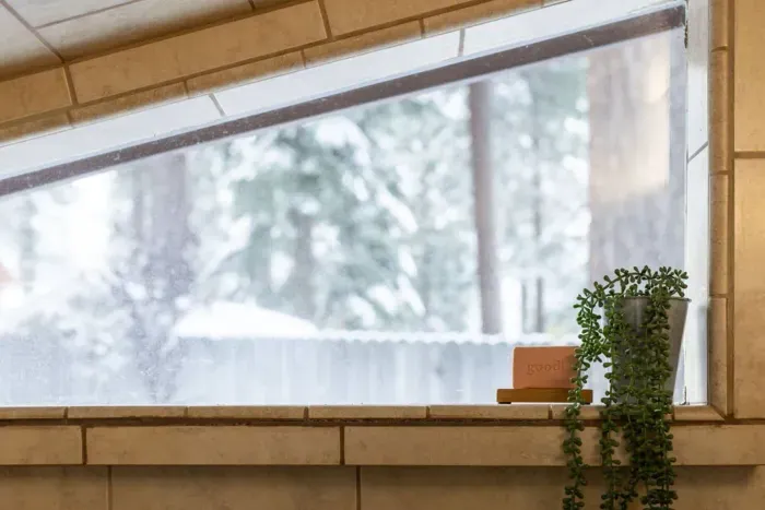 Snowy mountain views into the backyard from the shower in our primary suite/bedroom #1!