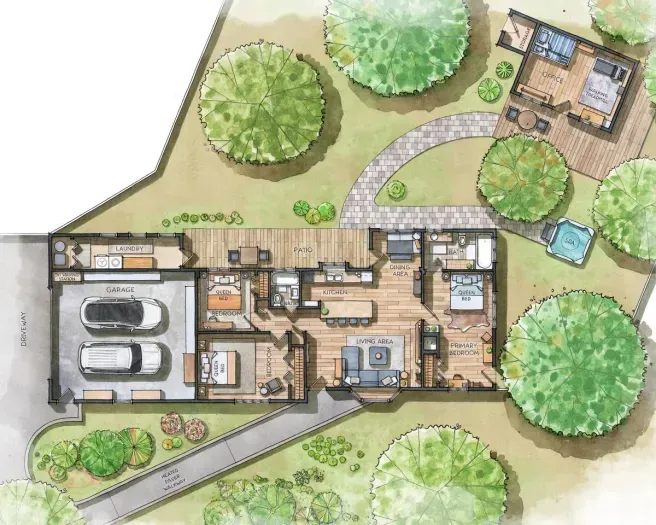 Aerial view of the floorplan of The Tahoe Retreat! The home is ranch style, located on one level, with easy access to the Hot Springs Spa and work from home abode in the backyard!