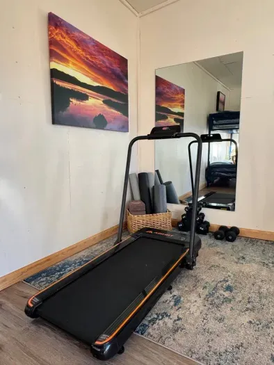 We've also got a walking treadmill, foam rollers, a weight set and more set up in our detached office space 