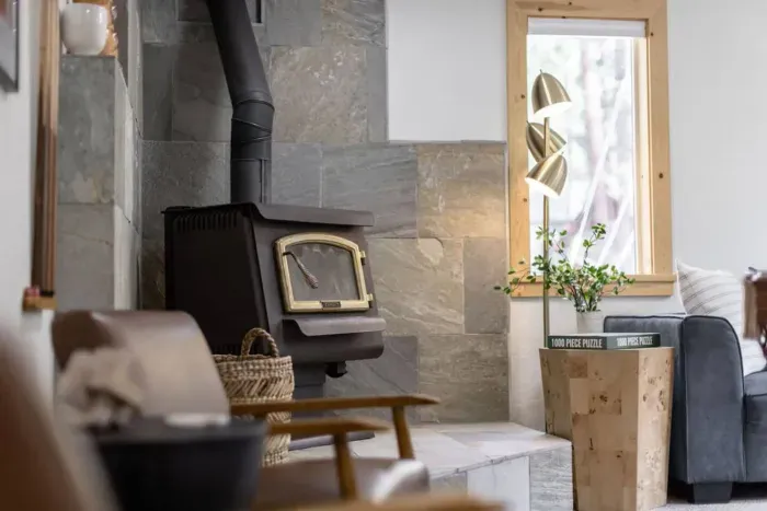 View of our game room wood burning fireplace 