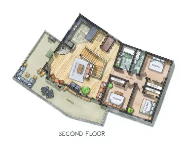 The second floor which has a spacious living room, kitchen + dining area, and access to a large deck with gas BBQ & plenty of seating. This area is accessed up one additional set up stairs
