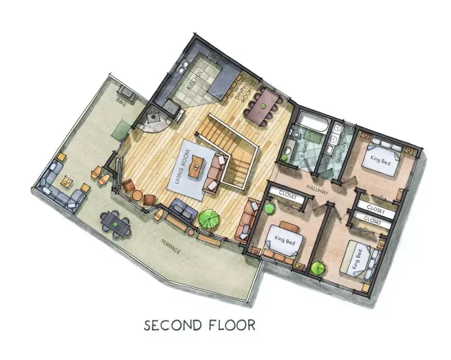 The second floor which has a spacious living room, kitchen + dining area, and access to a large deck with gas BBQ & plenty of seating. This area is accessed up one additional set up stairs 