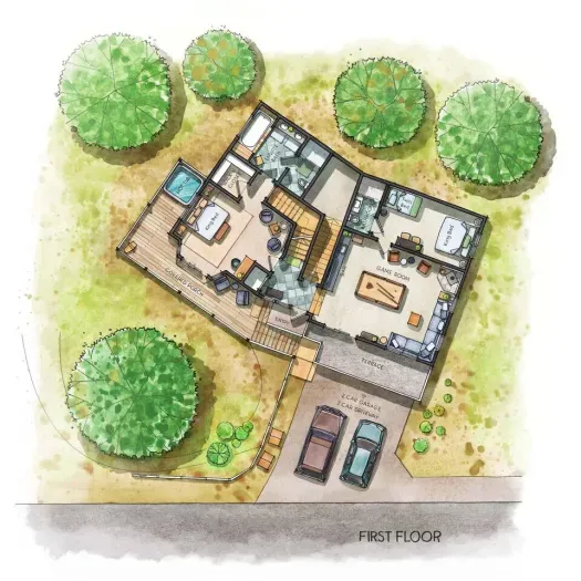 Layout of our first level of the home. This level is up at least one set of stairs, via the garage or up to the front door.
