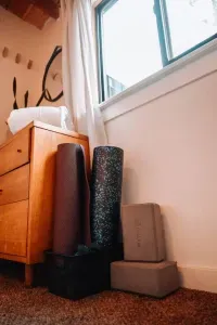 Yoga gear is stored here in the front bedroom for your use