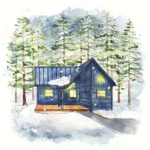A wintertime depiction of my sweet black cabin!