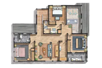 Lake Trail Lodge second floor layout, which features the family room (with a 65" Samsung Frame TV!), shuffleboard table, two bedrooms with ensuite bathrooms, and another bedroom just near the full bath.