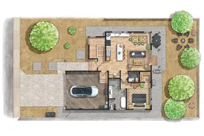 Lake Trail Lodge first floor layout. This level features the primary bedroom + ensuite bathroom, living room, kitchen, and dining area.