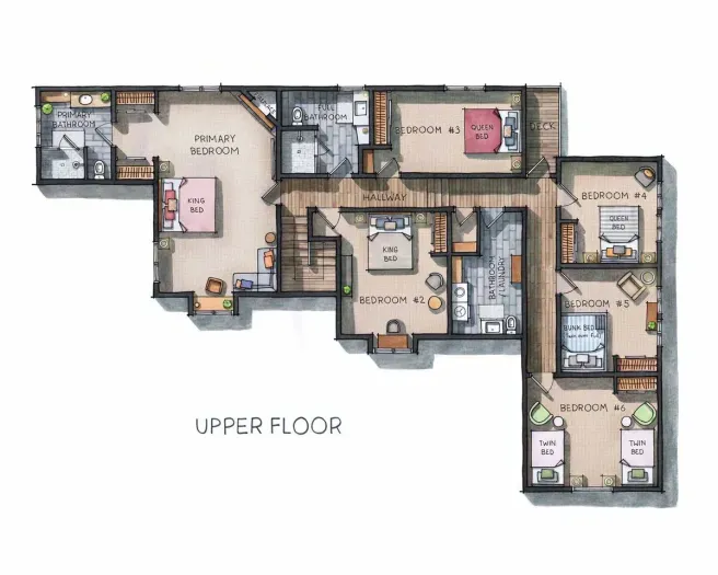 Our upper level floor plan where most of the bedrooms are located. We now have 2 King beds, 2 Queen Beds, 2 Twin beds & 1 Twin over Full Bunk Bed.