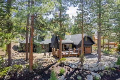 The home is set on a small elevated knoll surrounded by pine trees, providing privacy and a forest-like setting.
