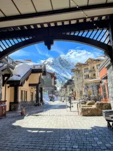 The mountains covered in snow-you are just a short walk to the village when you stay with us!