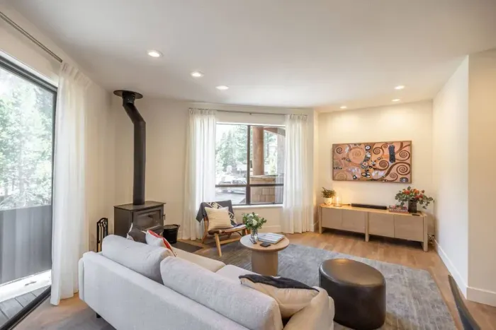 Our open living, dining, and kitchen is great for your group to hang out and relax after a day on the slopes and enjoy the views, a great fire, or gamed together. 