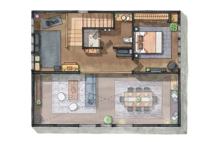 The mezzanine level at Sierra Sauna House overlooks the main dining & living areas and has incredible forest views! There's a Queen bed and full bath with walk-in shower, and small work area. Our gym is complete with Pelaton bike, weights + more!