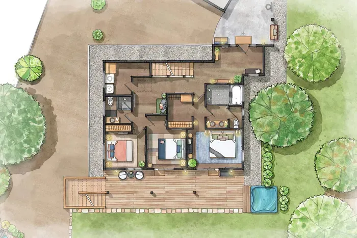 Inside Sierra Sauna House main level, you'll find the primary bedroom with King Bed and spa-like ensuite bathroom. There are two cozy additional bedrooms, both with Queen beds, another bathroom, small seating area, and a washer and dryer.