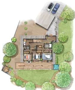 Overall ground level floor plan of Sierra Sauna House! This level includes a covered walkway, entryway, three bedrooms and two baths. The star of the show is our backyard with 6 person hot tub and custom built sauna, as well as a large patio!