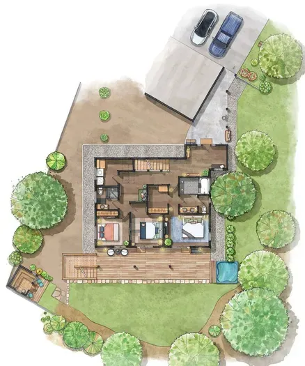 Overall ground level floor plan of Sierra Sauna House! This level includes a covered walkway, entryway, three bedrooms and two baths. The star of the show is our backyard with 6 person hot tub and custom built sauna, as well as a large patio!