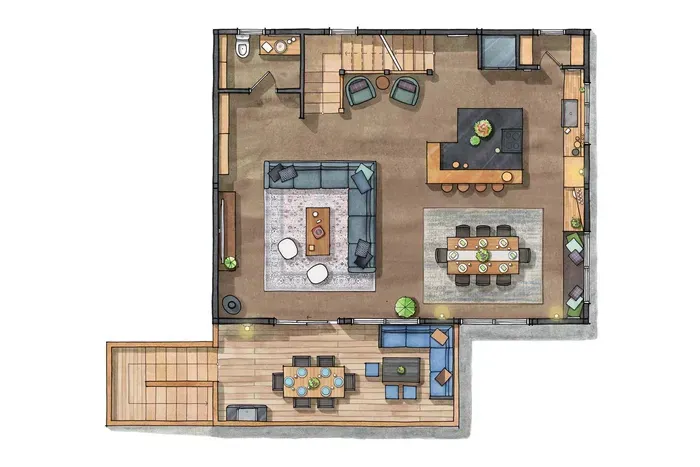The second level of Sierra Sauna House features a large chef's kitchen and island, dining table with room for eight, a sectional and large television, and half bath. Just off of the living area is a spacious deck with more dining, seating and BBQ.