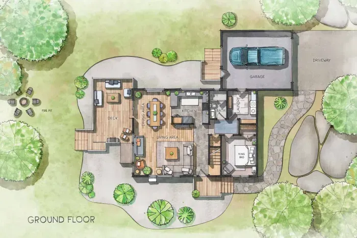 Check out our ground floor layout here. The living, dining, kitchen and one king bed and a full bath are are on all on this level. 