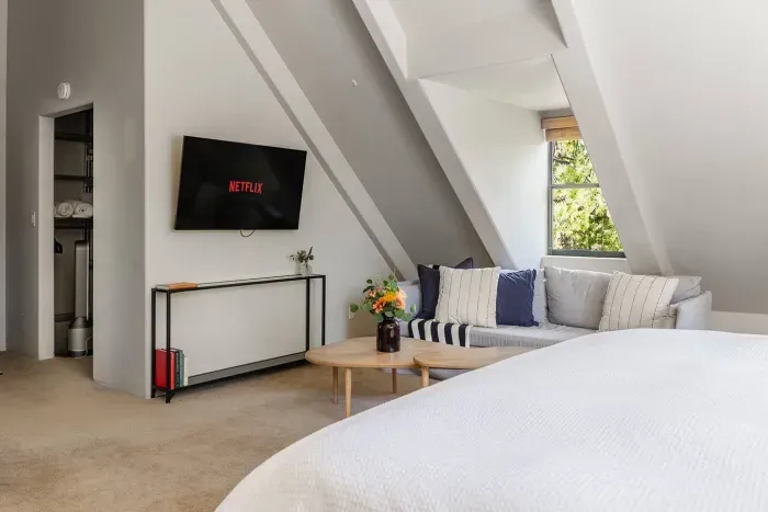 55" flat screen TV in the primary bedroom, comfortable sofa and tons of natural light. The large walk-in closet is visible just to the left. 