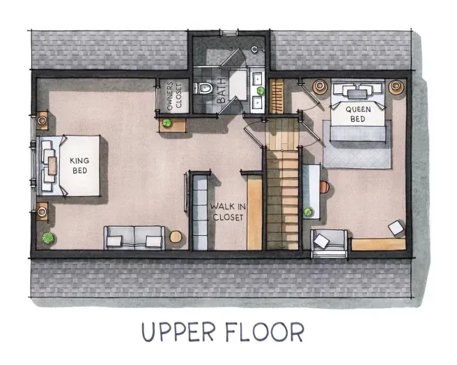 Here is the upper-level layout, complete with one King bed, one Queen bed and a spacious walk in closet and spa like bathroom