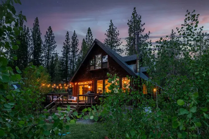 Market lights above our spacious back deck make this area a favorite spot for out guests to enjoy the last bit of light in the evenings-Tahoe's golden hour. 