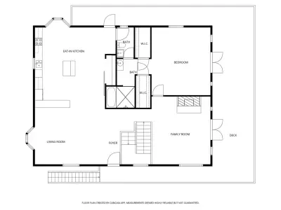 Get the lay of the land! This floor plan shows the main level layout, featuring the Eat-In Kitchen, Living Room, a Bedroom with a Walk-In Closet (W.I.C), two Baths, and the Family Room leading to the Deck.