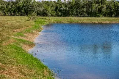 A beautiful, wide view of the tranquil stocked pond on the 5-acre property. Perfect for fishing or simply enjoying the peaceful, private atmosphere and surrounding Texas scenery under a vast blue sky.