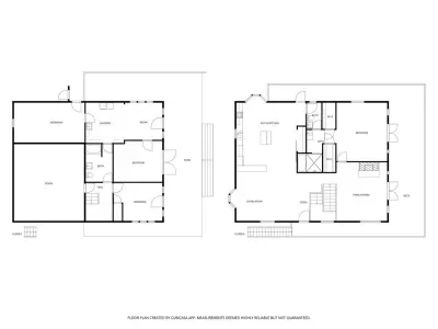 See the whole house! These combined floor plans show both levels of the retreat. Find the living spaces, kitchen, and one bedroom on Floor 2, and the three additional bedrooms plus laundry on Floor 1.