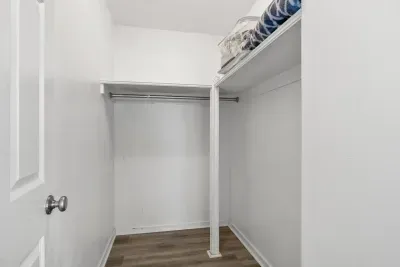 Walk-in closet in master bedroom.