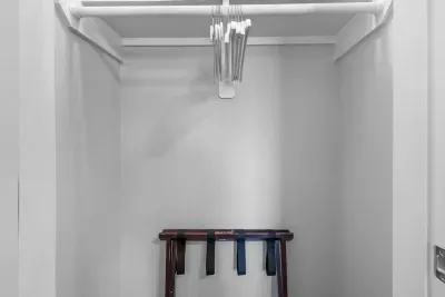 A tidy closet ready for guests! It offers convenient clothing storage and includes a wooden luggage rack for easy unpacking, plus plenty of hangers on the rod to keep your clothes wrinkle-free.