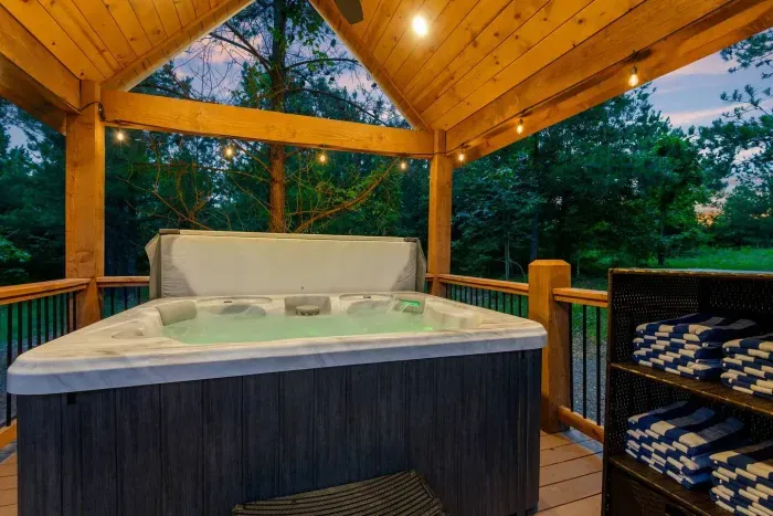 [Hot Tub] Can you think of any bette place to be than in this hot tub during sunset! Detached from the house, encased in its own area with provided towels