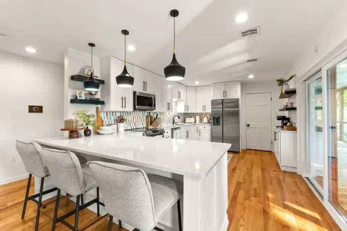 Spacious chef's kitchen with water views. A keurig with frother, kcups, french press and all the coffee fixings. Sugar, creamer and tea provided.