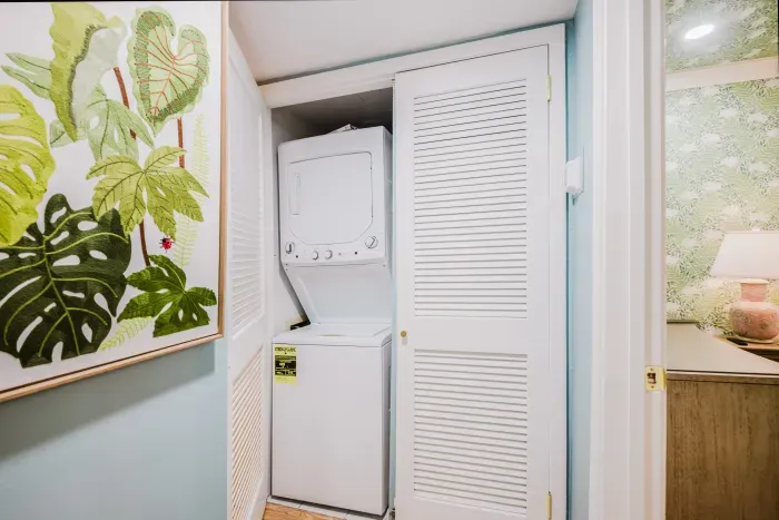 Convenient in-unit washer/dryer tucked into a bright, stylish hallway
