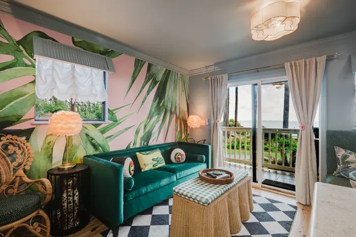 Tropical-chic lounge with ocean-view lanai and bright island style