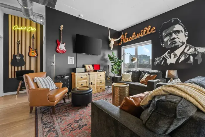 Our custom CASH mural in the living room.