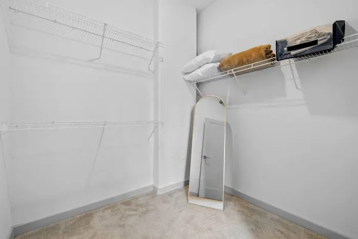 Spacious walk in closets for storing luggage, hanging outfits. This is where we also keep extra blankets, pillows, and bedding for the sleeper sofa.