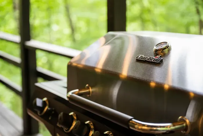 Grill on the covered deck. Steaks in the trees, rain or shine.