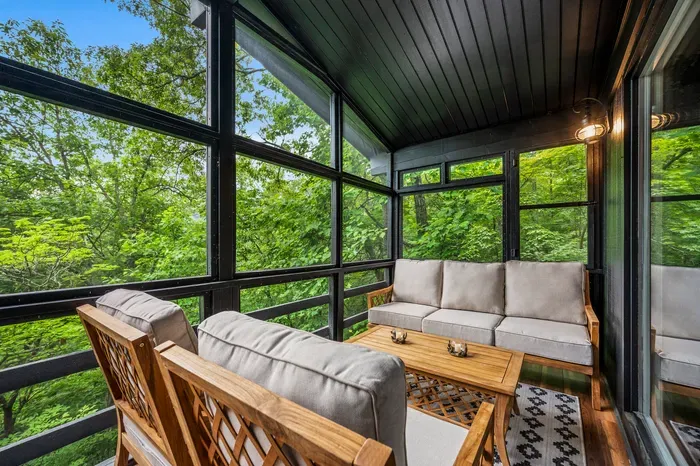 Second screened porch with a full sofa and lounge chairs. Two porches means the group can spread out without leaving the trees.