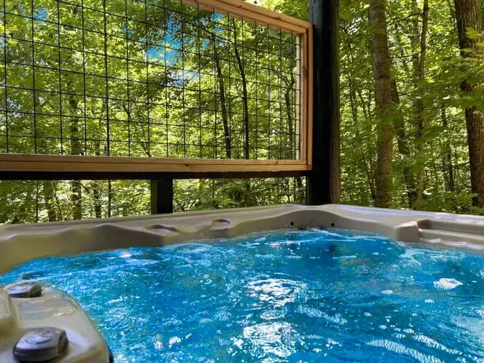 Private hot tub on the deck, screened on all sides, nothing but green in every direction. Soak at any hour without an audience.