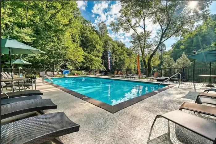 Shagbark's seasonal community pool, included with your stay. Loungers, shade umbrellas, and a basketball hoop in the shallow end.