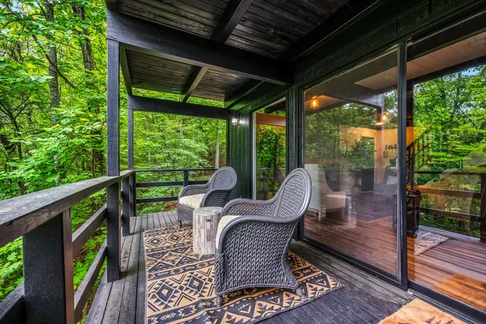Second screened sitting area off the living room. Two chairs, a rug, and nothing but leaves in every direction.
