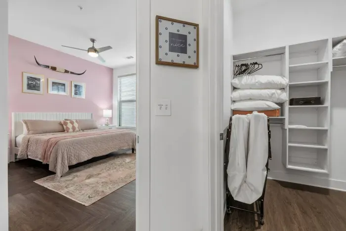 Custom closet organizers, extra pillows, blankets, and sheet sets for the sleeper sofa and one rollaway bed.